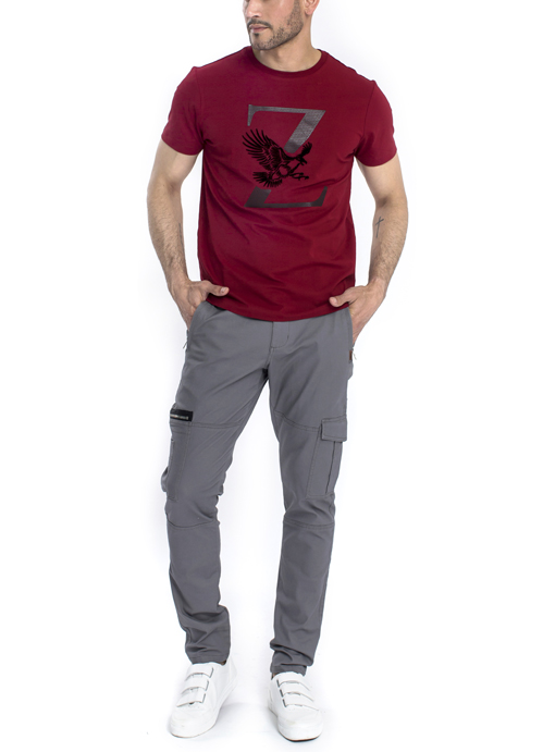 Model wearing Z printed design dark red shirt with grey pants.